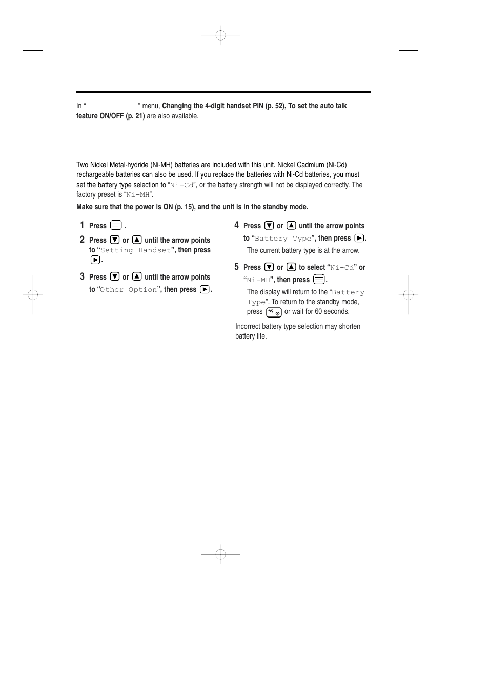 Other option, Selecting the battery type, With the handset selecting the battery type | Panasonic KX-TCD735ALM User Manual | Page 64 / 114