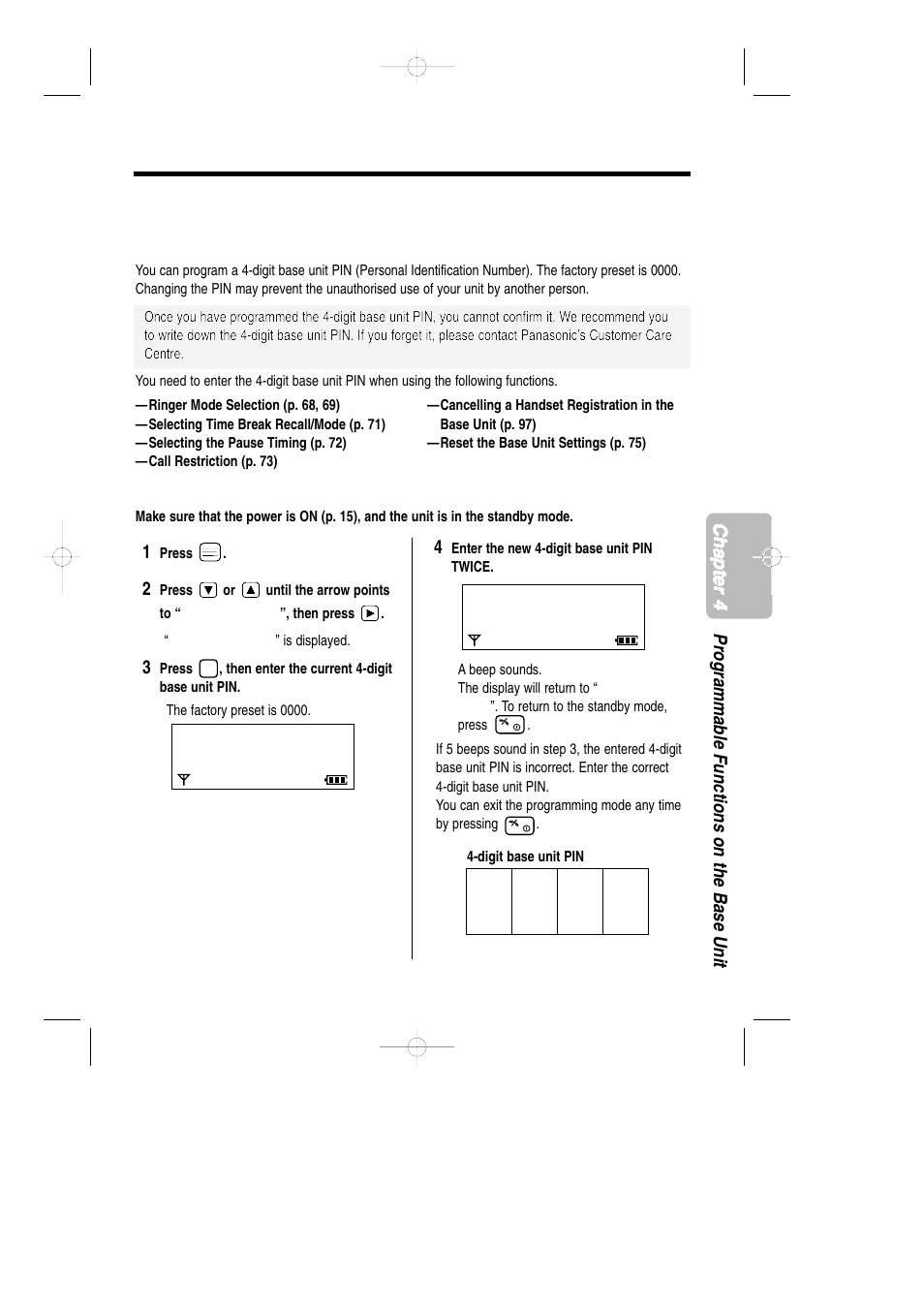 Base unit pin, With the handset setting the 4-digit base unit pin | Panasonic KX-TCD735ALM User Manual | Page 67 / 114