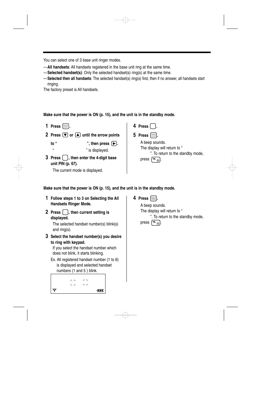 Ringer mode selection, Selecting the “all handsets” ringer mode, Selecting the “selected handset(s)” ringer mode | With the handset | Panasonic KX-TCD735ALM User Manual | Page 68 / 114