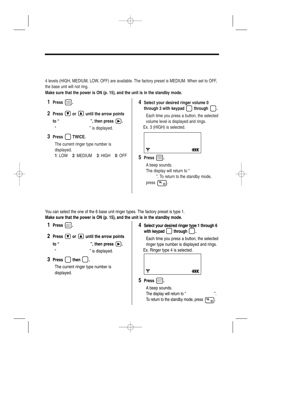 Selecting the base unit ringer, Base unit ringer volume/type, Selecting the base unit ringer volume | Selecting the base unit ringer type, With the handset | Panasonic KX-TCD735ALM User Manual | Page 70 / 114