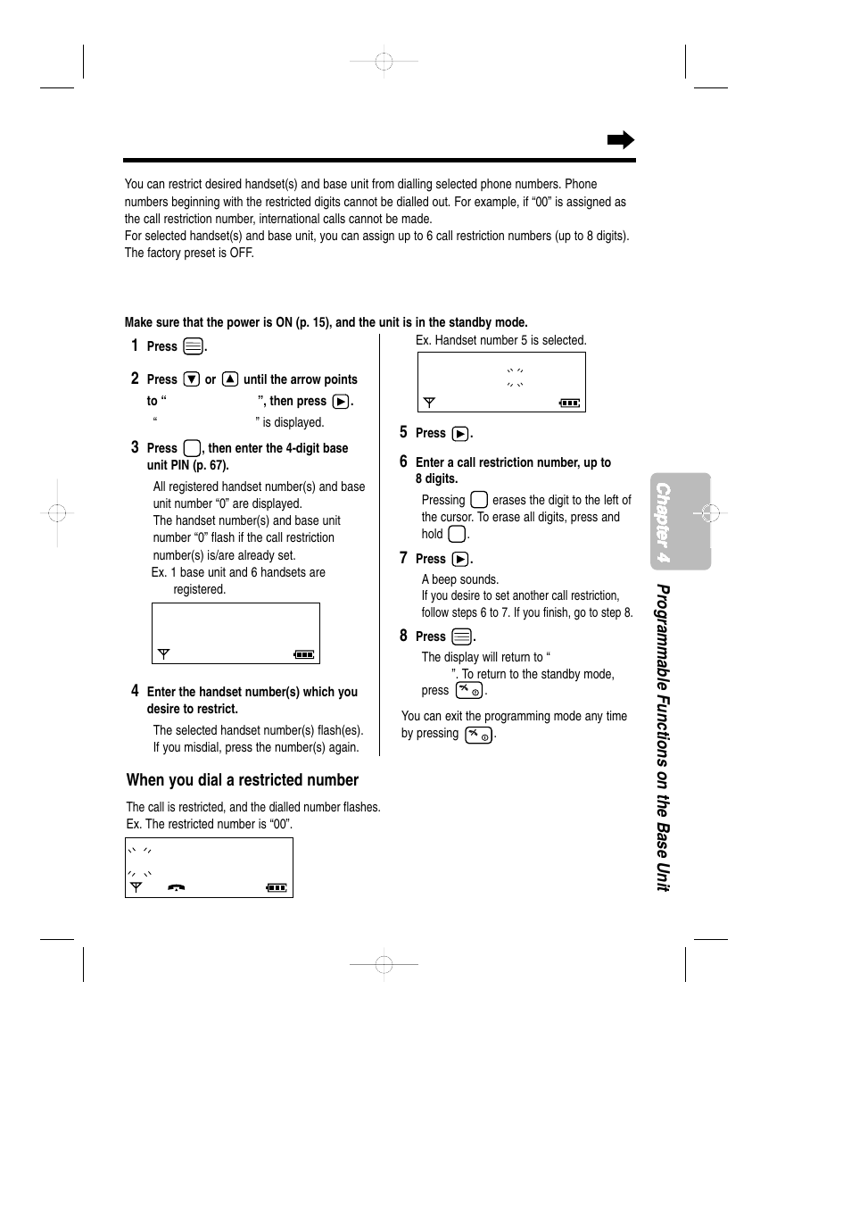 Call restriction, With the handset setting the call restriction | Panasonic KX-TCD735ALM User Manual | Page 73 / 114