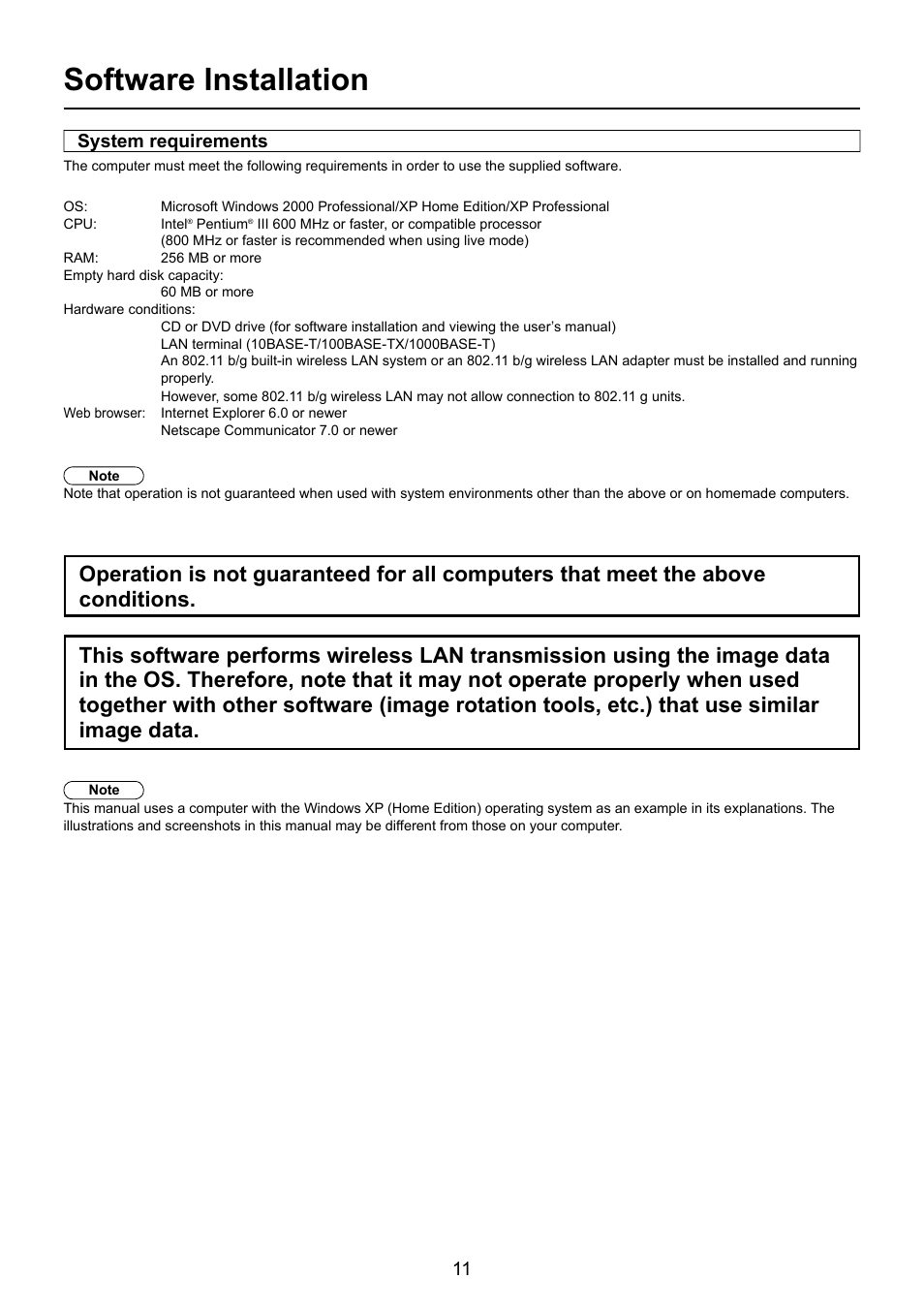 Software installation, System requirements | Panasonic TY-FB10WPE User Manual | Page 11 / 64