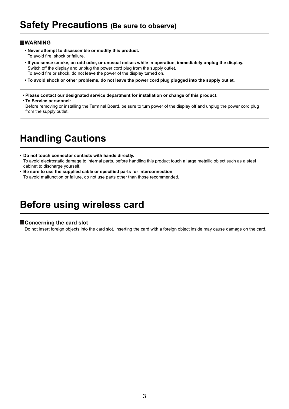 Safety precautions, Handling cautions, Before using wireless card | Panasonic TY-FB10WPE User Manual | Page 3 / 64