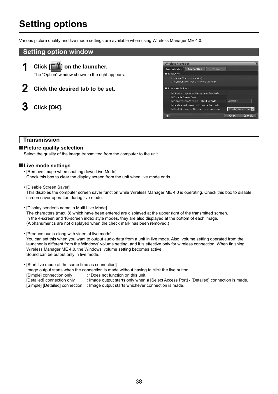 Setting options | Panasonic TY-FB10WPE User Manual | Page 38 / 64