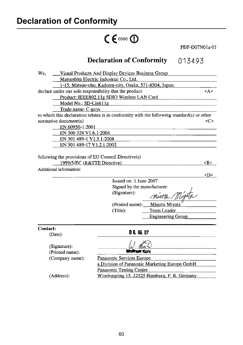 Declaration of conformity | Panasonic TY-FB10WPE User Manual | Page 60 / 64