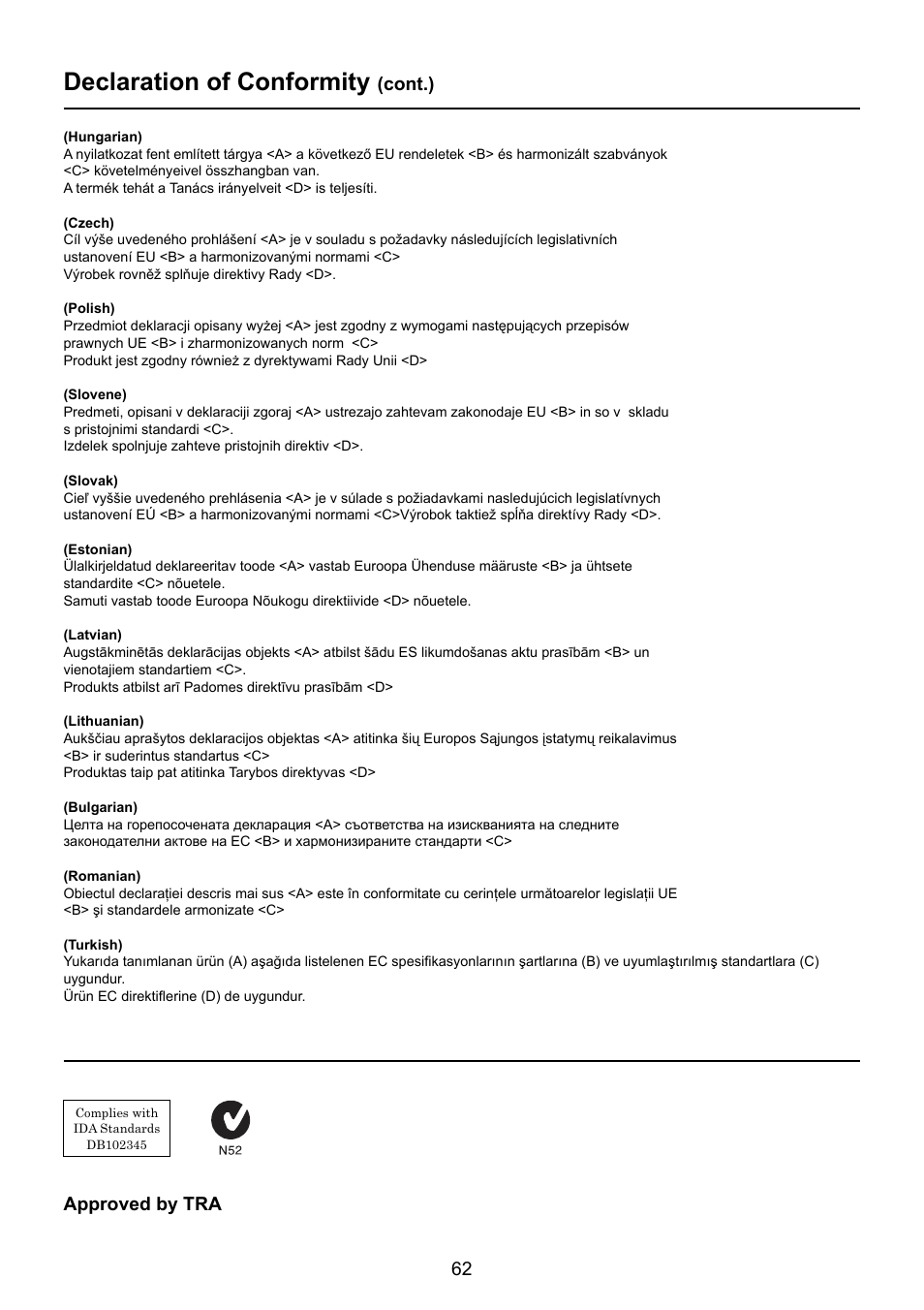 Declaration of conformity, Cont.), Approved by tra | Panasonic TY-FB10WPE User Manual | Page 62 / 64