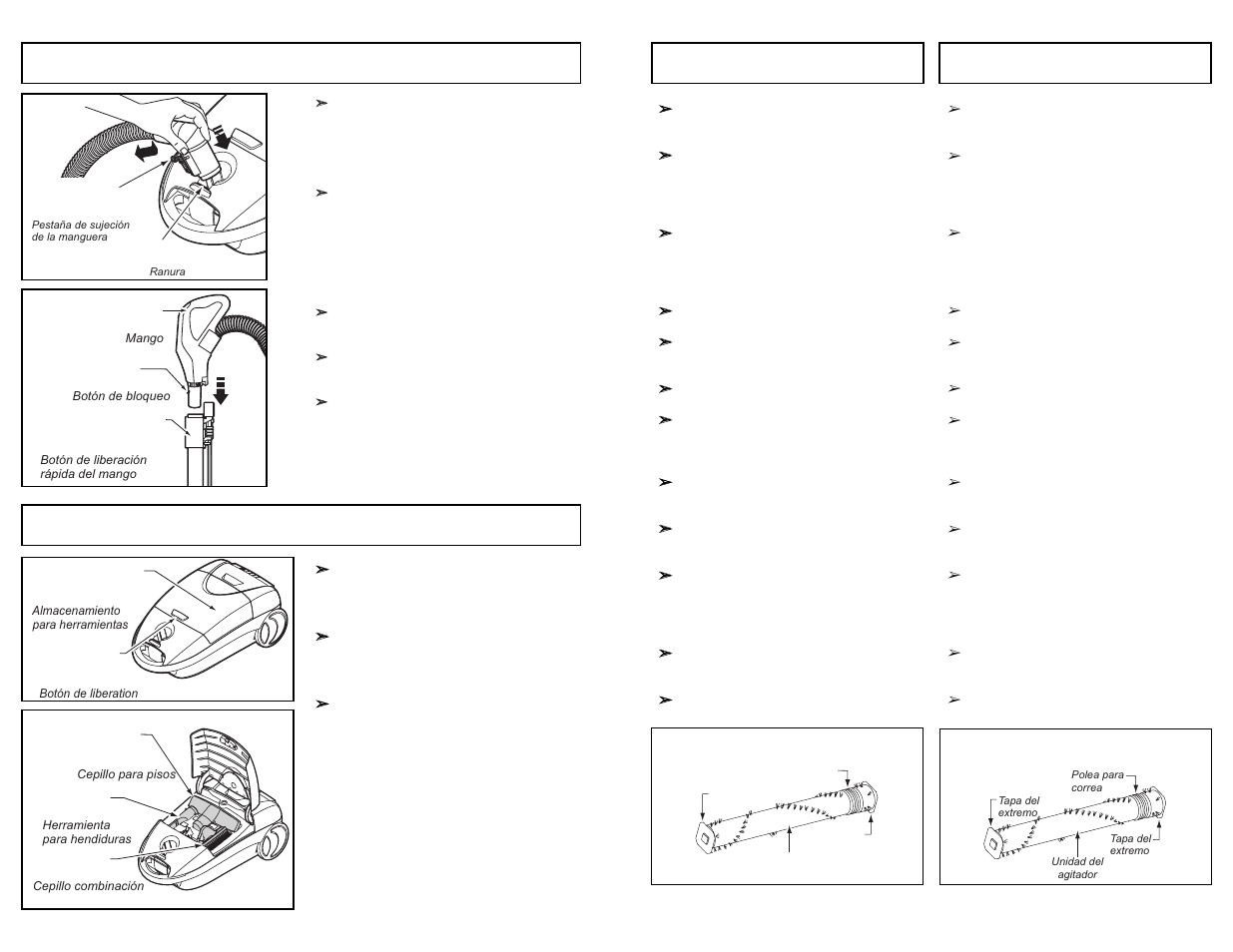 Retrait de la courroie, Sacando la correa, Hose | Crevic e tool flo o brus combo, Tool storage, Assemblage de l’agitateur, Ensamble del agitador | Panasonic MC-CG983 User Manual | Page 45 / 60