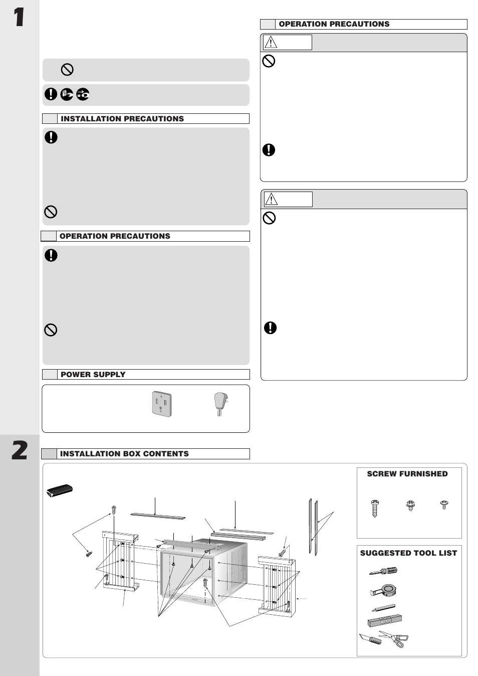 Safety precautions, Air conditioner inst alla tion | Panasonic CW-C100VU User Manual | Page 2 / 16