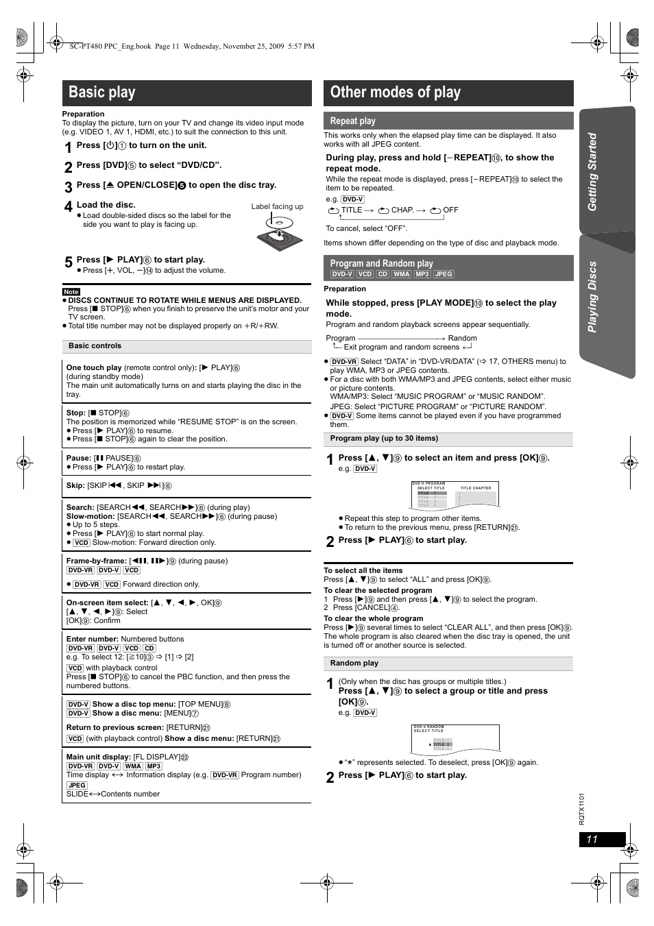 Basic play, Other modes of play | Panasonic SC-PT480 User Manual | Page 11 / 26