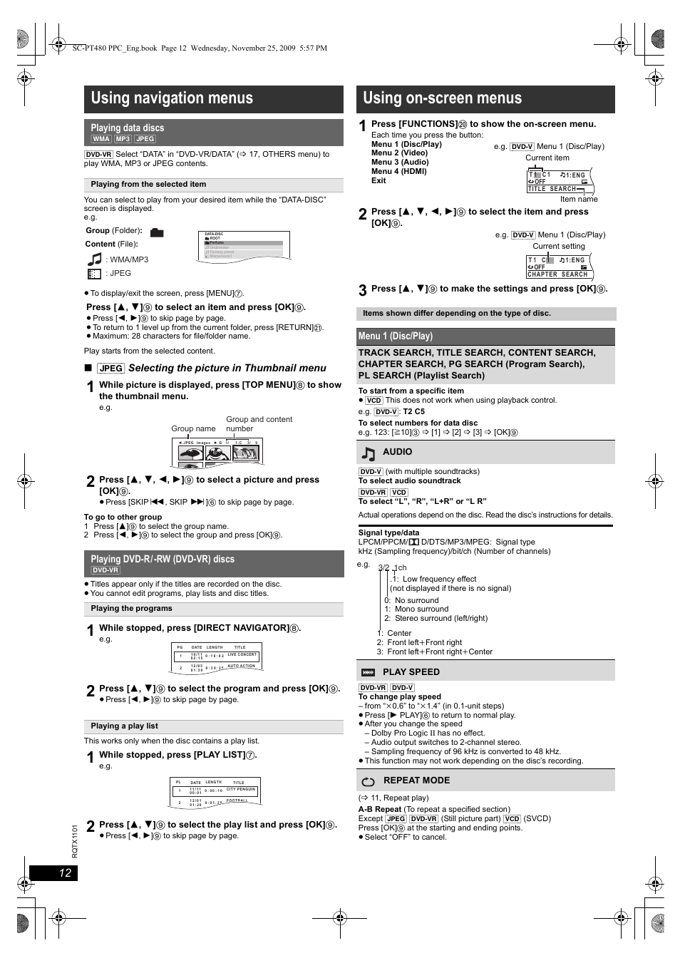 Using navigation menus, Using on-screen menus | Panasonic SC-PT480 User Manual | Page 12 / 26