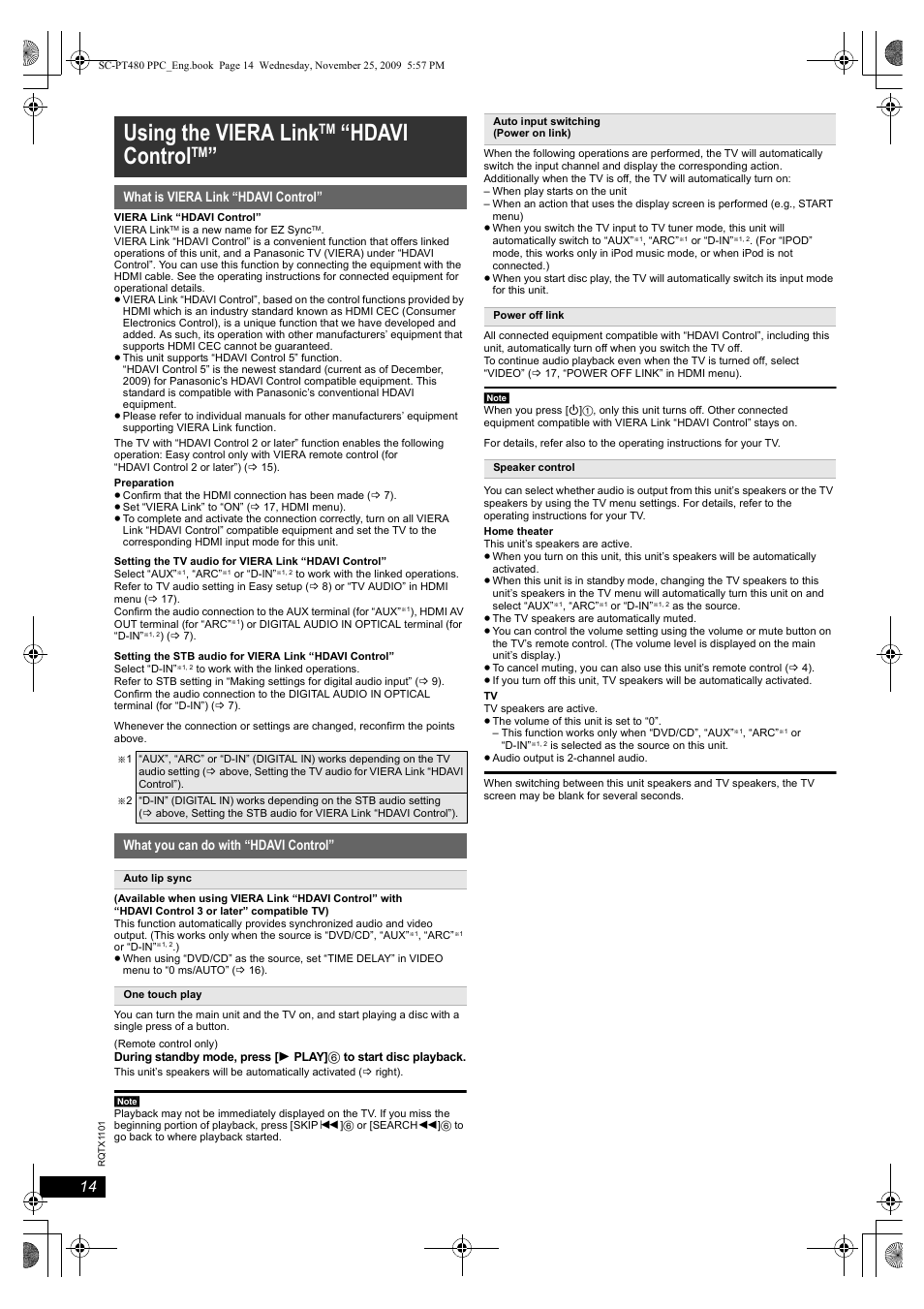 Using the viera link, Hdavi control | Panasonic SC-PT480 User Manual | Page 14 / 26