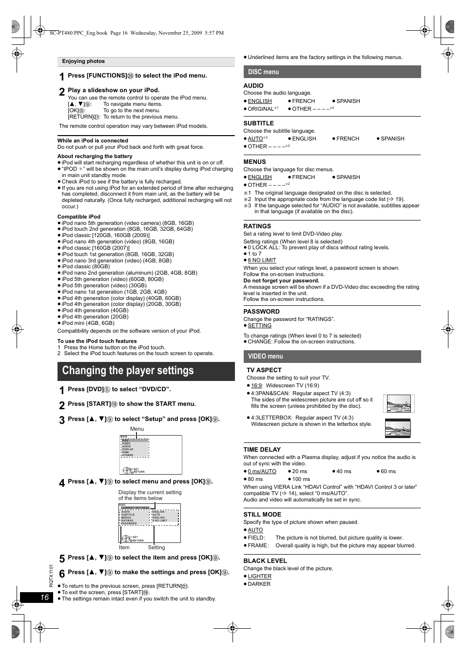 Changing the player settings | Panasonic SC-PT480 User Manual | Page 16 / 26