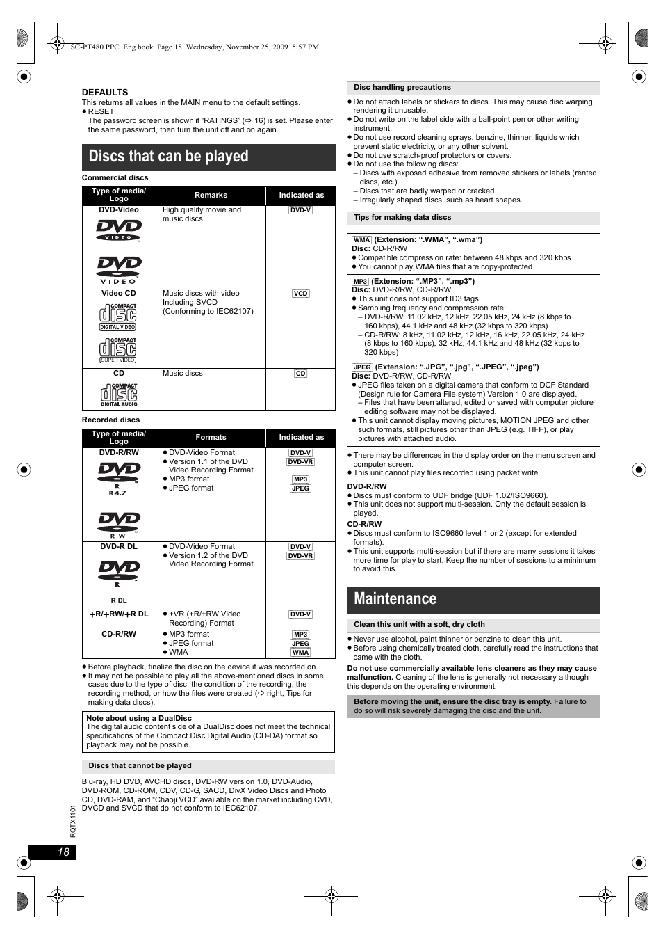 Discs that can be played, Maintenance | Panasonic SC-PT480 User Manual | Page 18 / 26