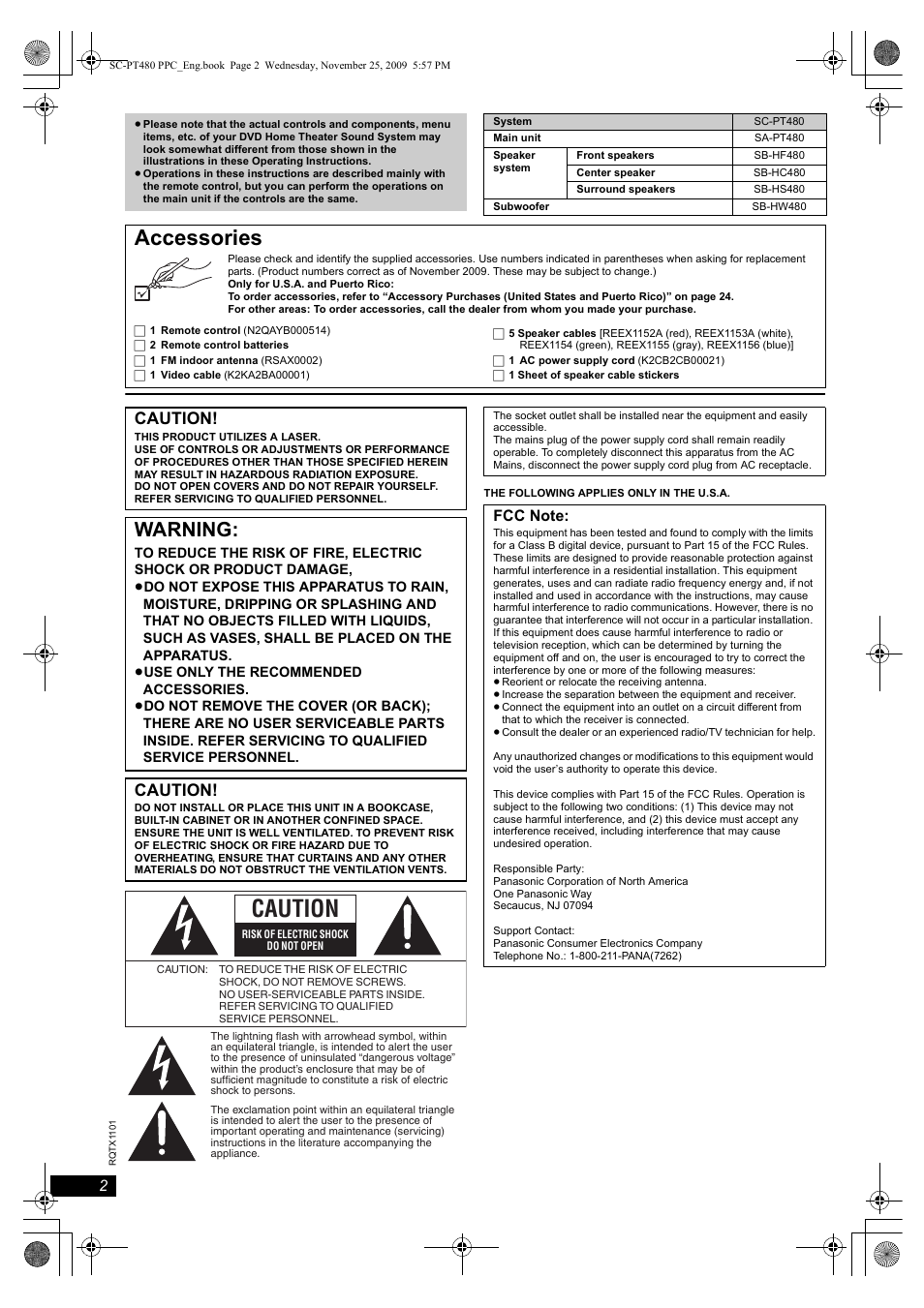 Accessories, Warning, Caution | Panasonic SC-PT480 User Manual | Page 2 / 26