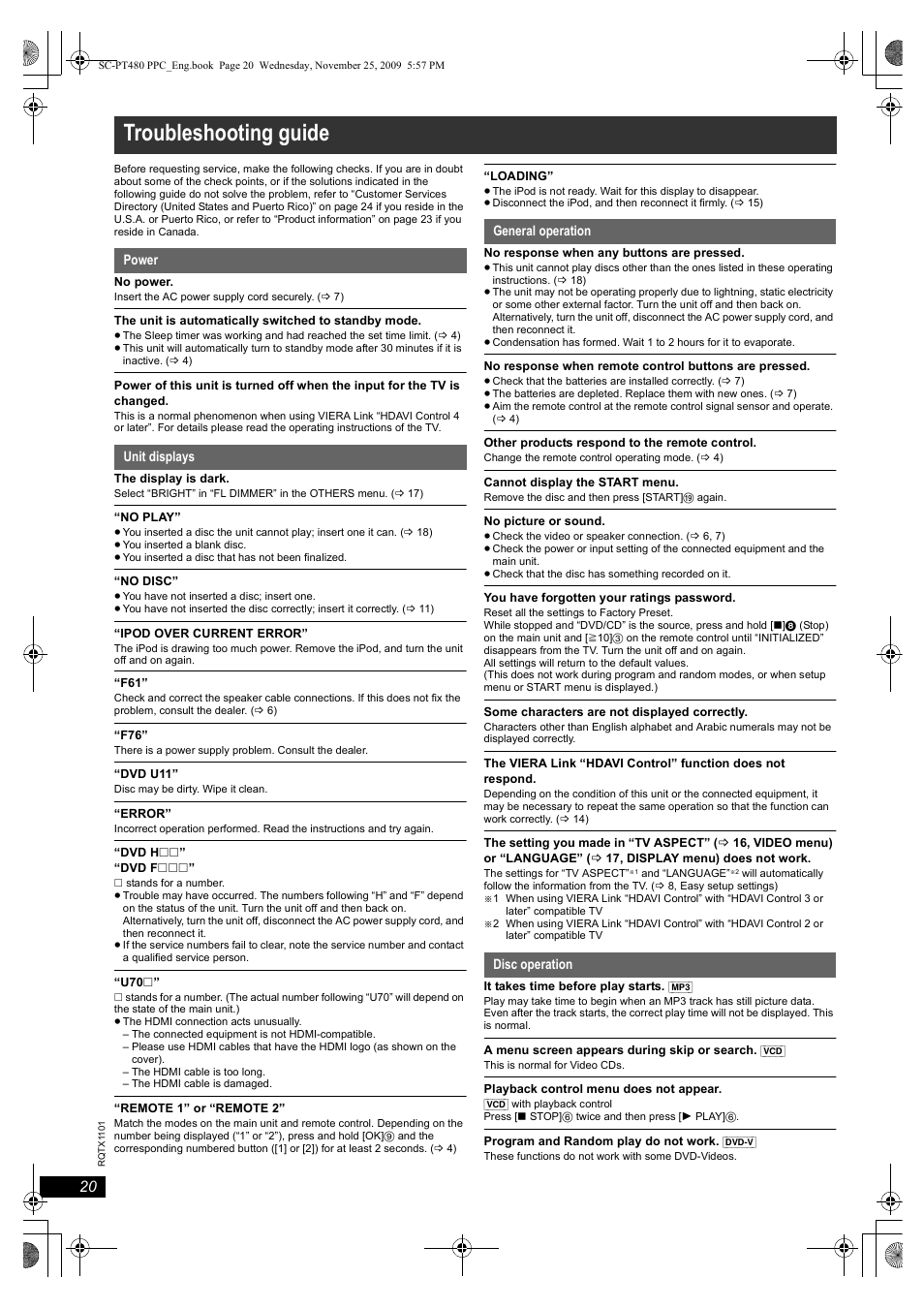 Troubleshooting guide | Panasonic SC-PT480 User Manual | Page 20 / 26