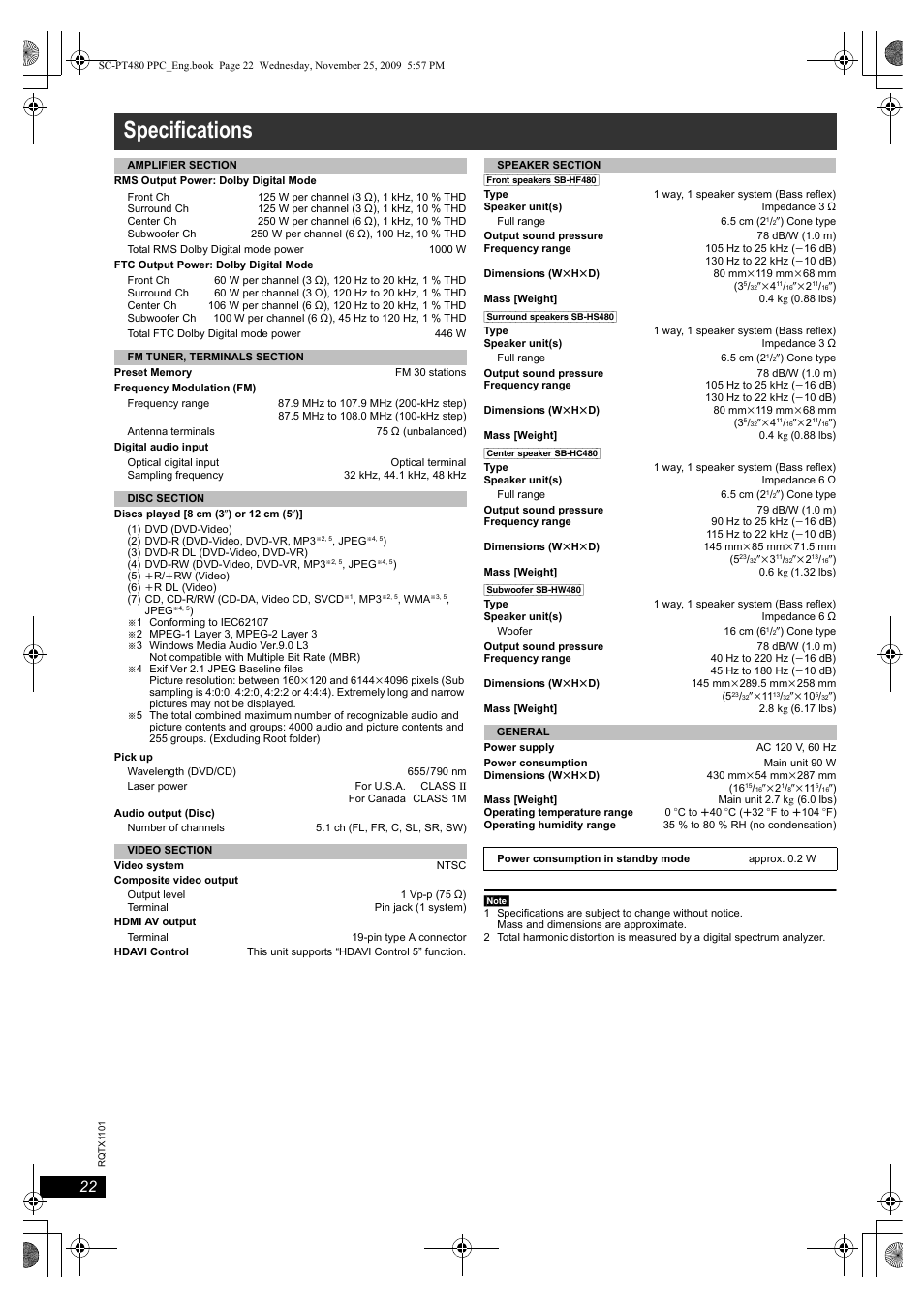 Specifications | Panasonic SC-PT480 User Manual | Page 22 / 26