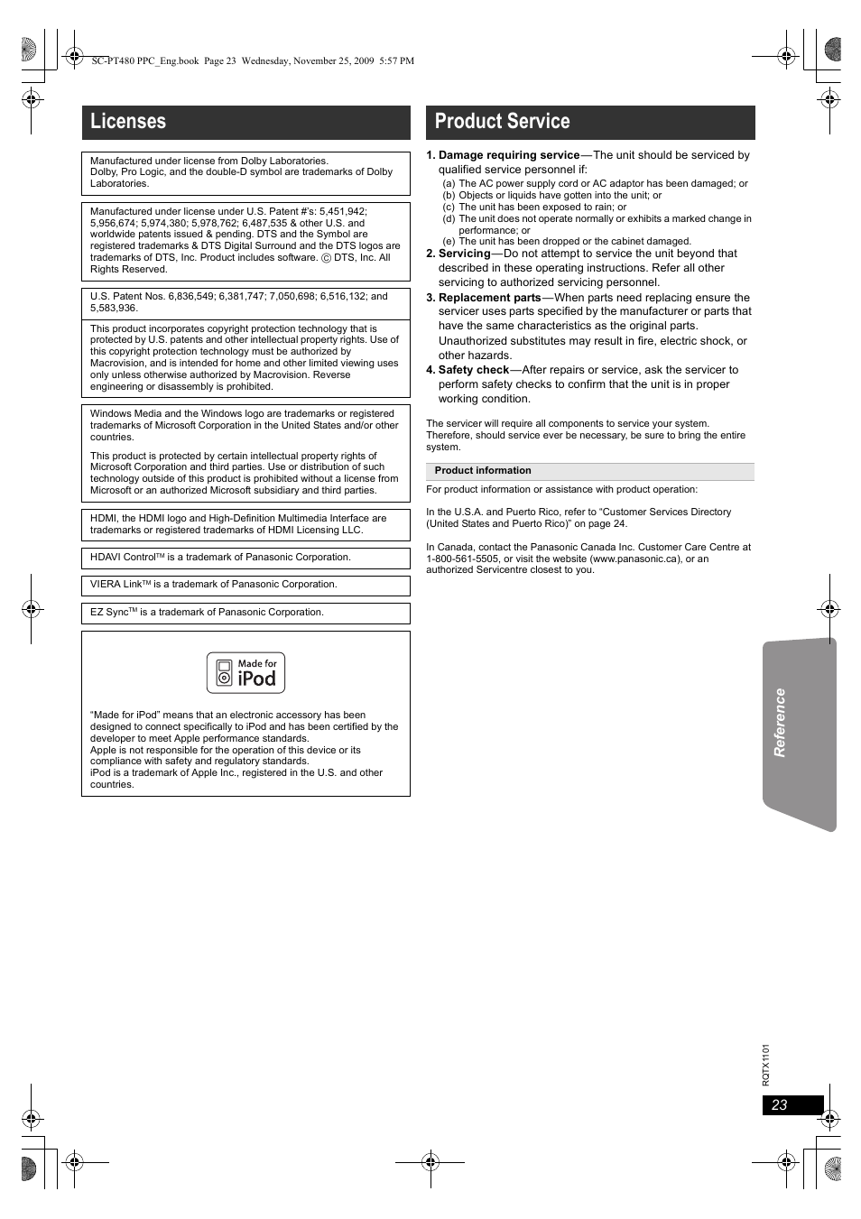 Licenses, Product service | Panasonic SC-PT480 User Manual | Page 23 / 26