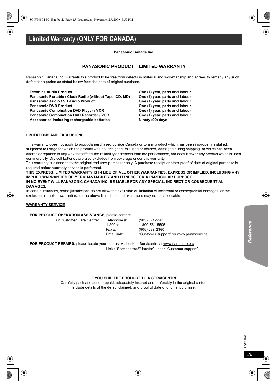 Limited warranty (only for canada) | Panasonic SC-PT480 User Manual | Page 25 / 26