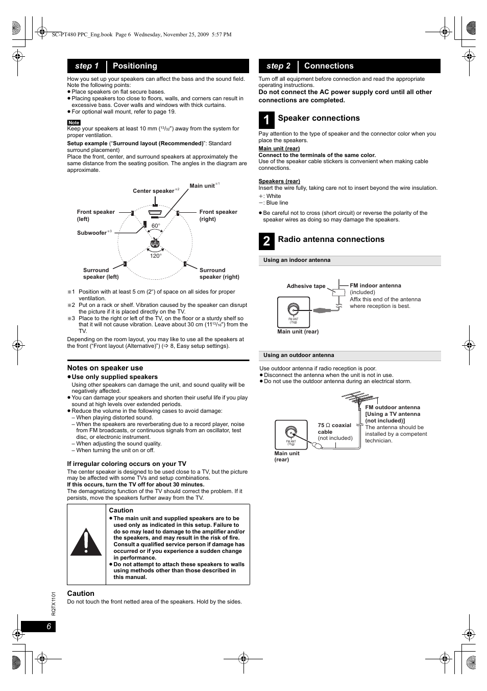 Step 1 positioning, Step 2 connections, Speaker connections | Radio antenna connections | Panasonic SC-PT480 User Manual | Page 6 / 26