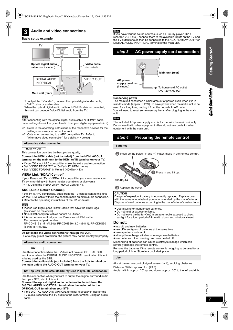 Qu ick st art gu ide, Ge tt ing s ta rte d, Do not | Audio and video connections | Panasonic SC-PT480 User Manual | Page 7 / 26