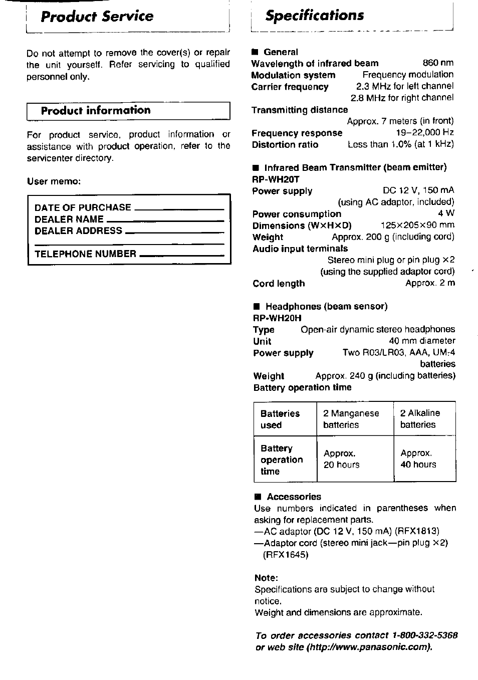 User memo, Date of purchase, Dealer name | Dealer address, Telephone number, General, Infrared beam transmitter (beam emitter) rp-wh20t, Headphones (beam sensor), Rp-wh20h, Accessories | Panasonic RP WH20 User Manual | Page 4 / 8