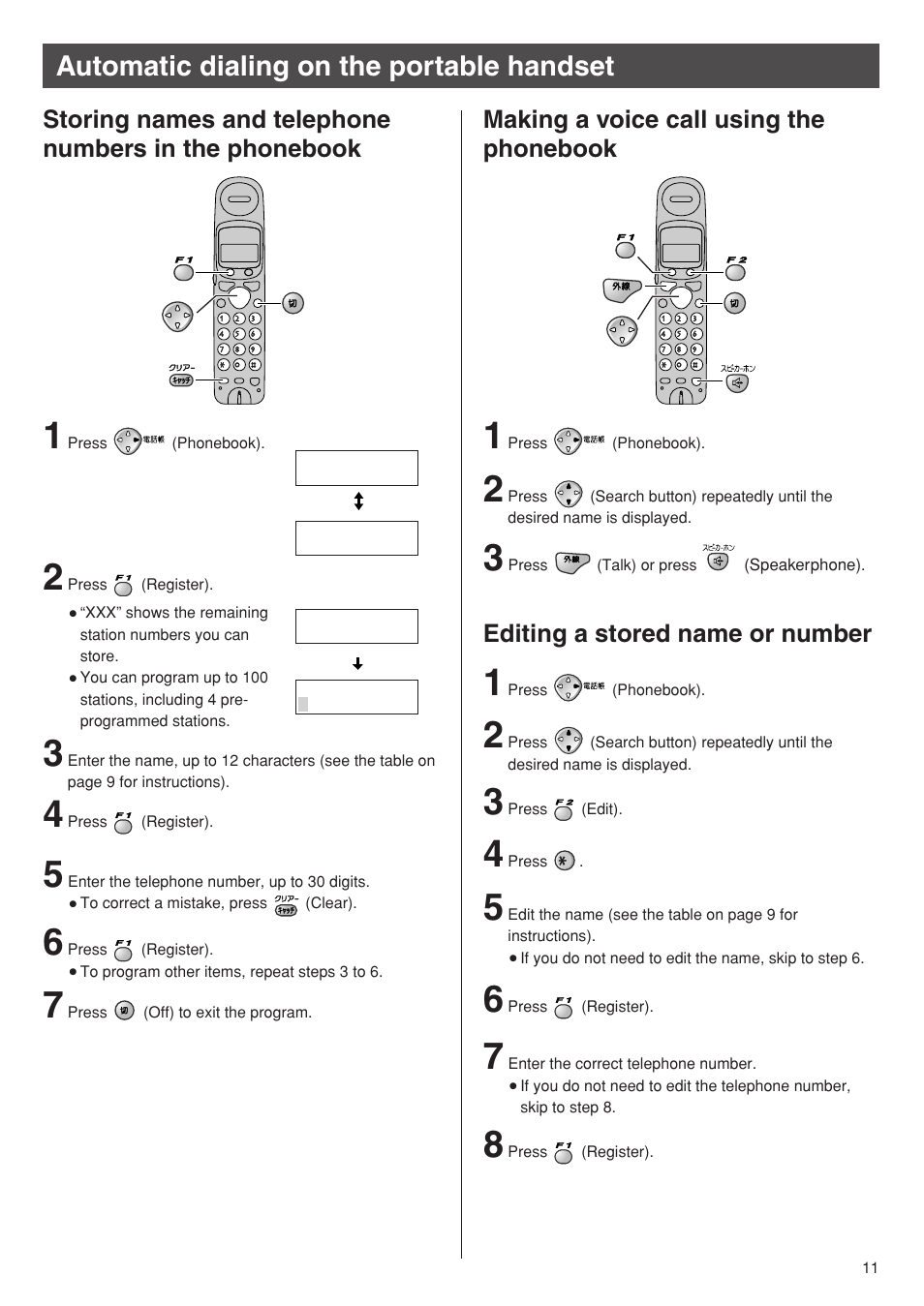 Automatic dialing on the portable handset | Panasonic KX-PW92CW User Manual | Page 11 / 24