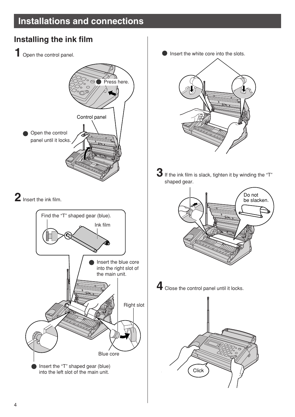 Installations and connections, Installing the ink film | Panasonic KX-PW92CW User Manual | Page 4 / 24