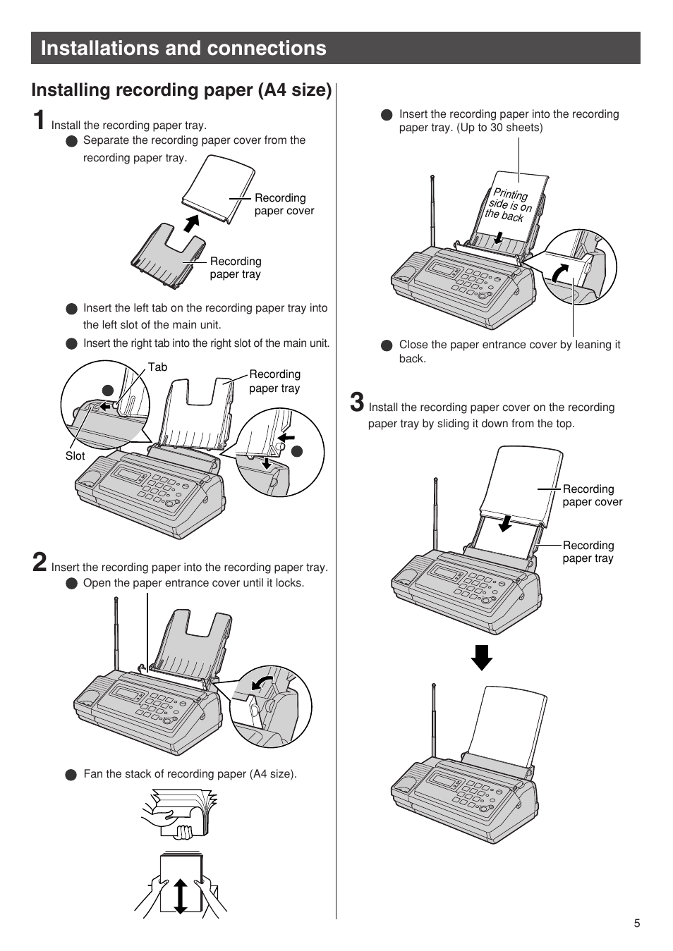 Installations and connections, Installing recording paper (a4 size) | Panasonic KX-PW92CW User Manual | Page 5 / 24