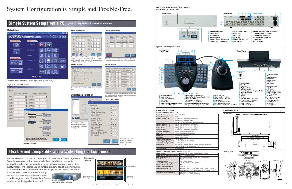System configuration is simple and trouble-free, Simple system setup from a pc, Main menu | System configuration software is included, Major operating controls, Operator registration, Level window, Specifications, Appearance | Panasonic WJ-SX150A User Manual | Page 4 / 5
