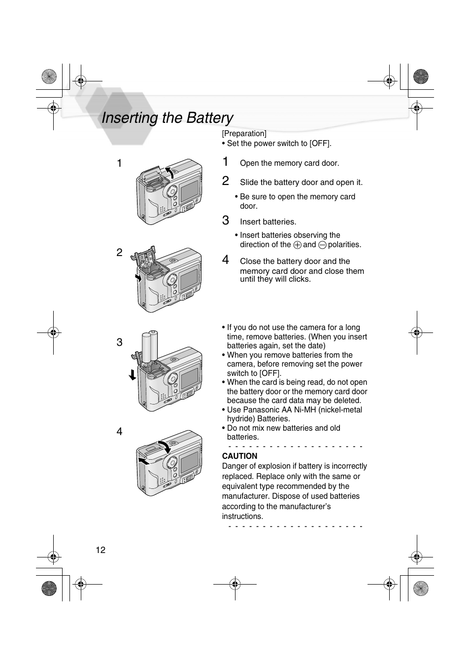 Inserting the battery, P12) | Panasonic DMC-LC20PP User Manual | Page 12 / 84