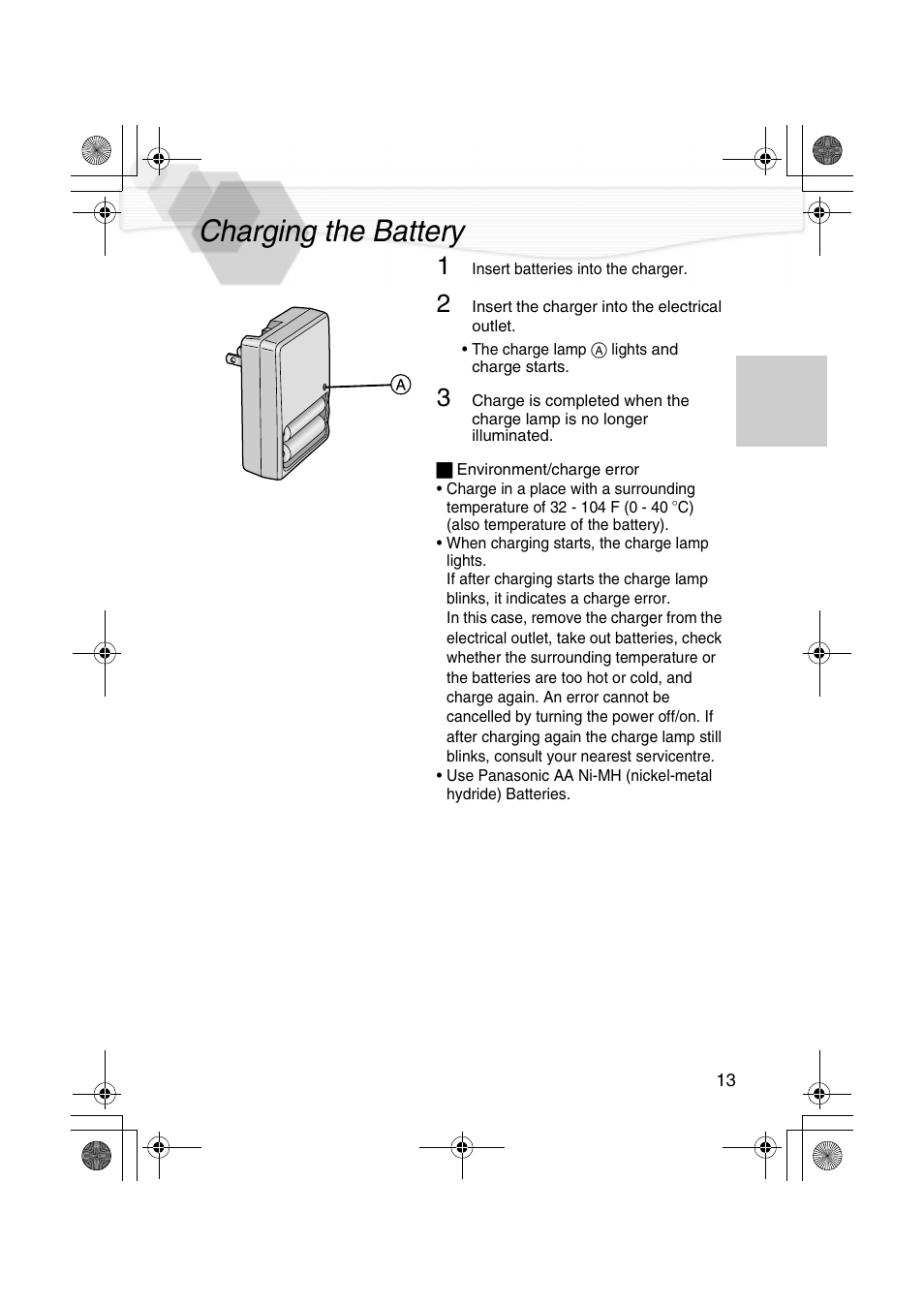 Charging the battery, P13) | Panasonic DMC-LC20PP User Manual | Page 13 / 84