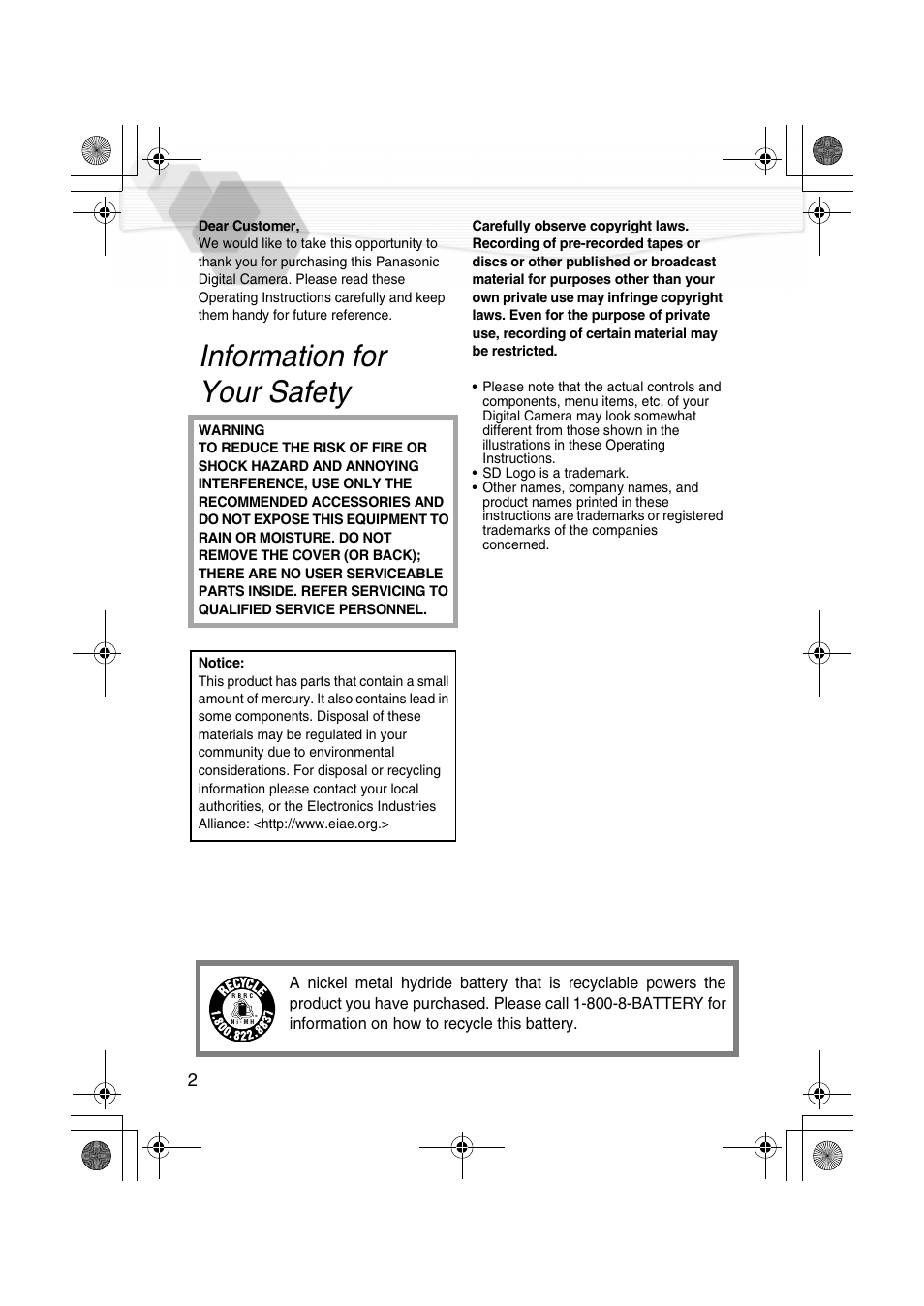 Safety, Information for your safety | Panasonic DMC-LC20PP User Manual | Page 2 / 84