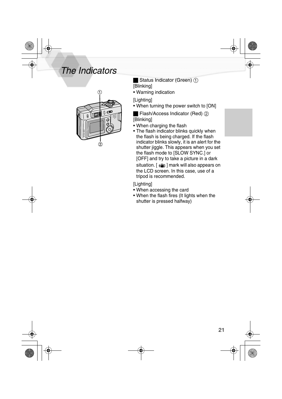 The indicators, P21) | Panasonic DMC-LC20PP User Manual | Page 21 / 84