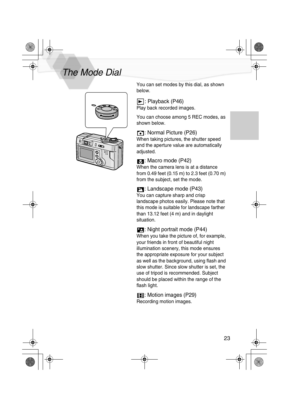 The mode dial, P23) | Panasonic DMC-LC20PP User Manual | Page 23 / 84