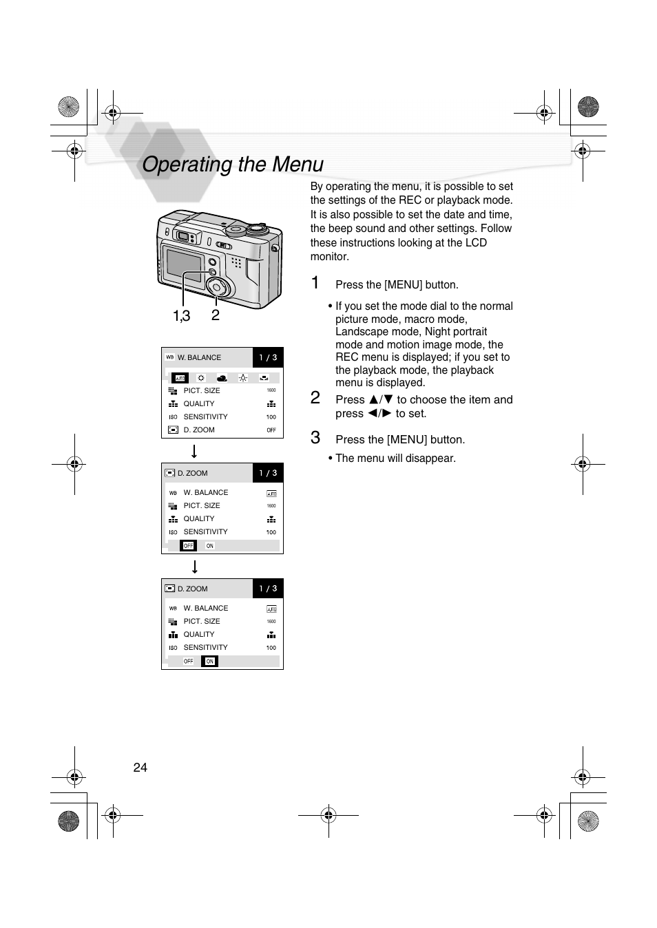 Operating the menu | Panasonic DMC-LC20PP User Manual | Page 24 / 84