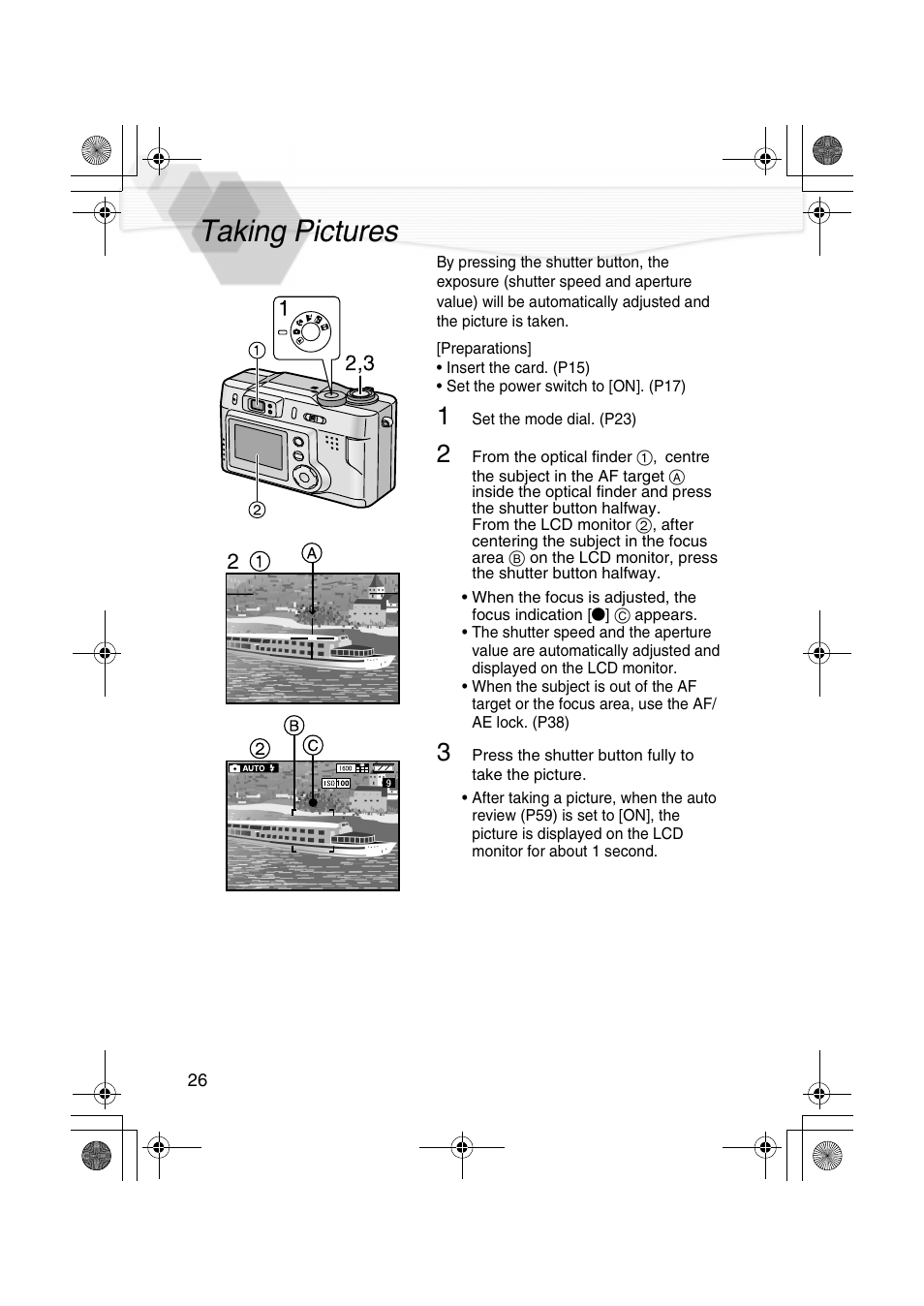 Recording images (basic), Taking pictures, P26) | Ure (p26) | Panasonic DMC-LC20PP User Manual | Page 26 / 84