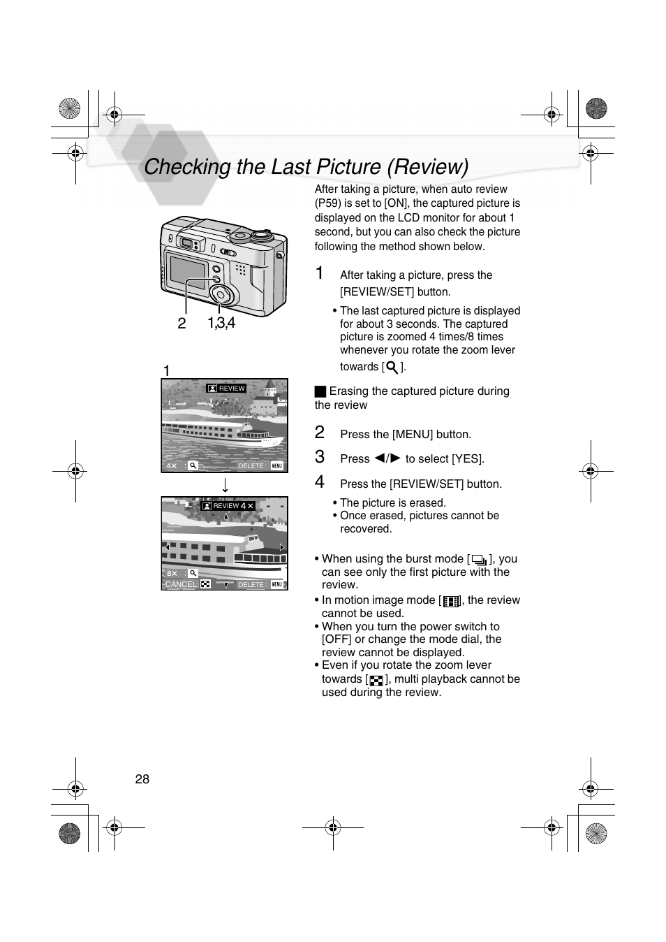 Checking the last picture (review), On (p28) | Panasonic DMC-LC20PP User Manual | Page 28 / 84