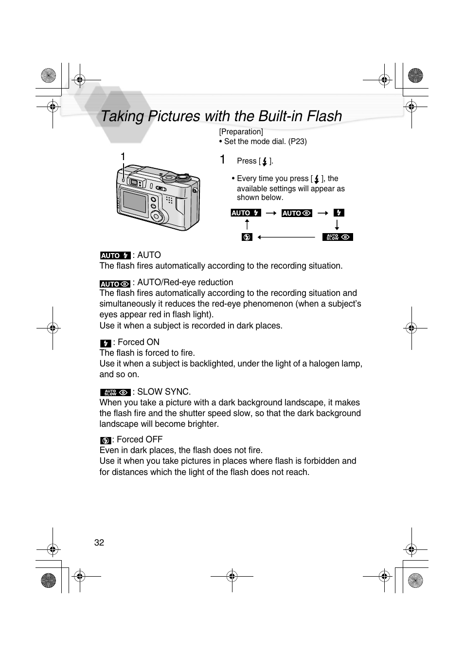 Taking pictures with the built-in flash, P32) | Panasonic DMC-LC20PP User Manual | Page 32 / 84