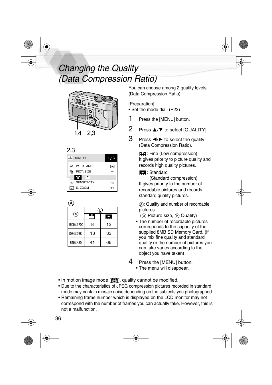 Changing the quality (data compression ratio), O) (p36 | Panasonic DMC-LC20PP User Manual | Page 36 / 84