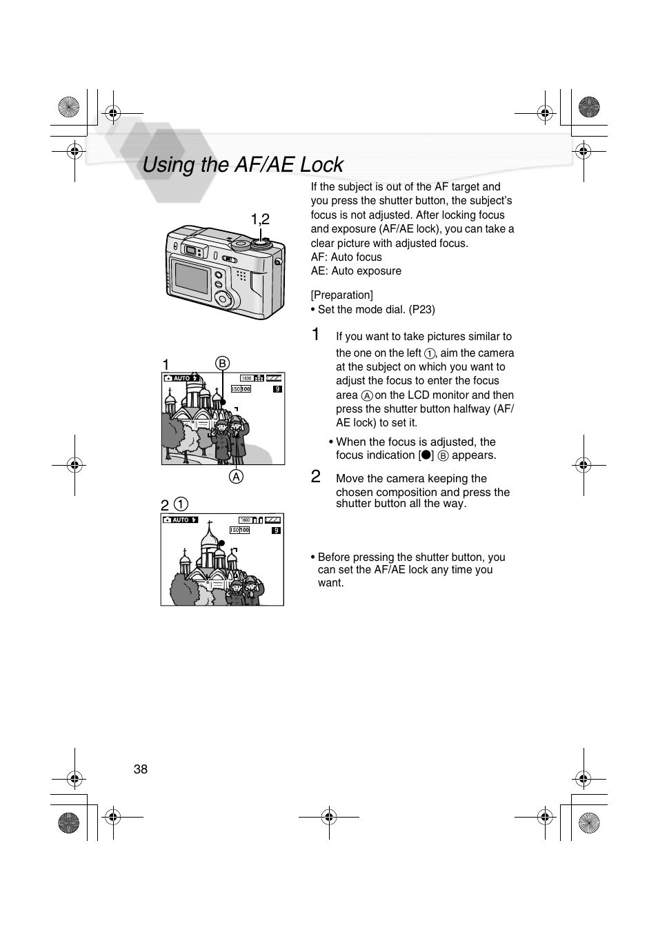 Using the af/ae lock, Ea (p38) | Panasonic DMC-LC20PP User Manual | Page 38 / 84