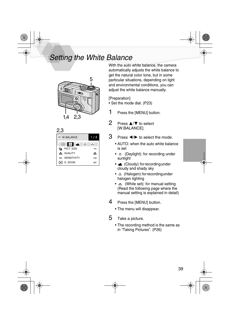 Setting the white balance, P39) | Panasonic DMC-LC20PP User Manual | Page 39 / 84