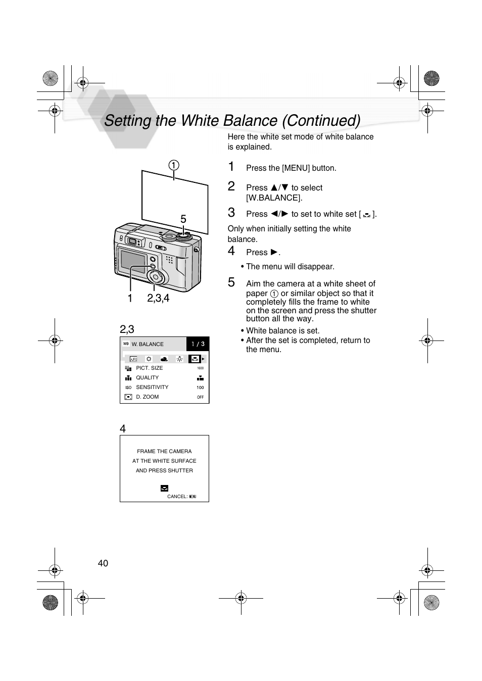 Setting the white balance (continued) | Panasonic DMC-LC20PP User Manual | Page 40 / 84