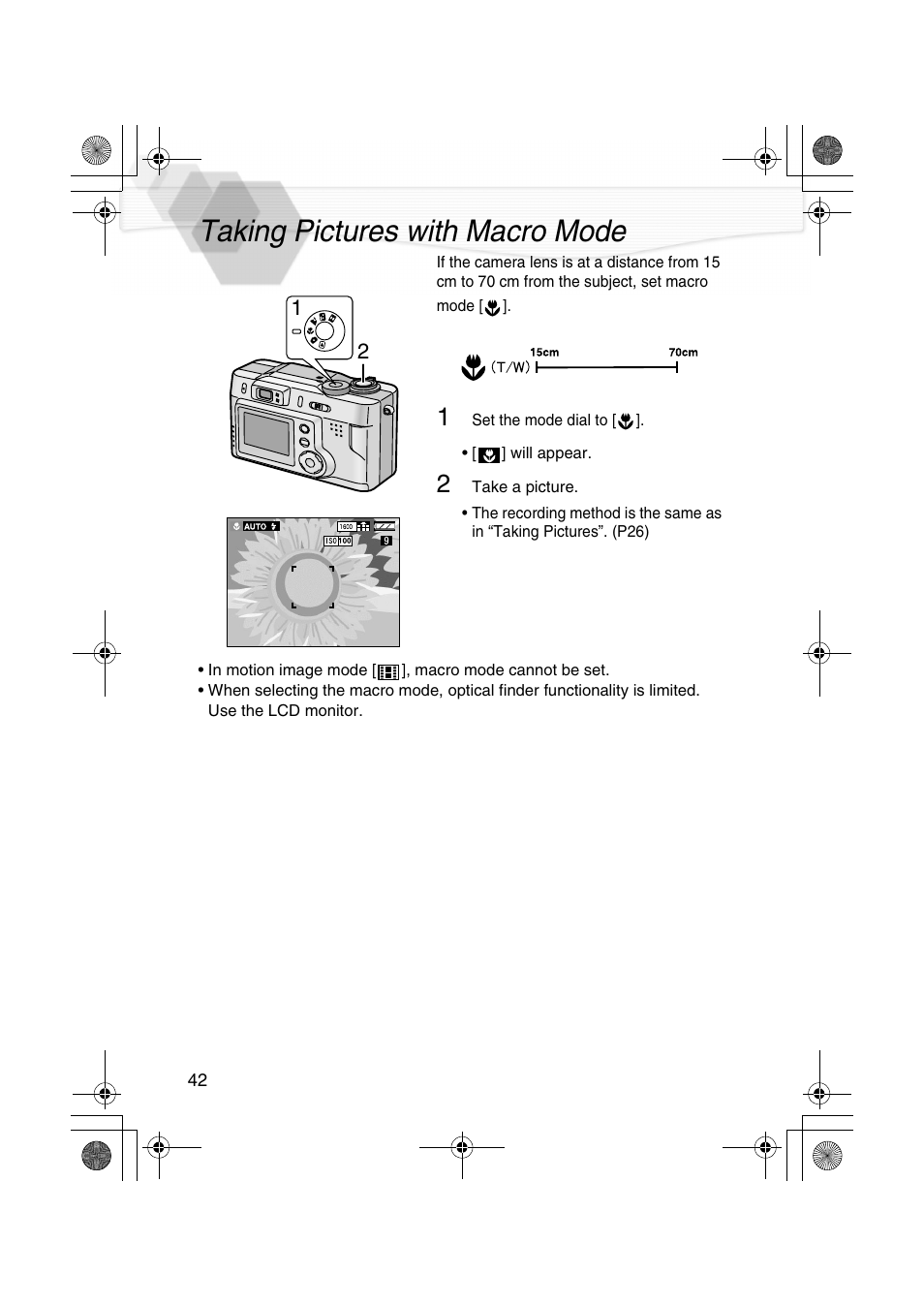 Taking pictures with macro mode, O mode (p42) | Panasonic DMC-LC20PP User Manual | Page 42 / 84