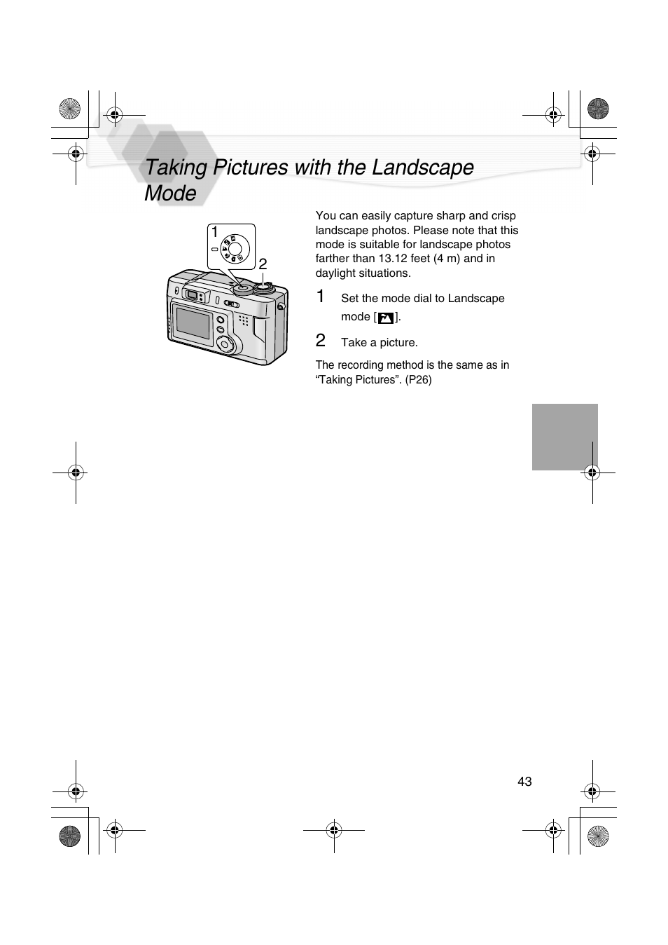Taking pictures with the landscape mode, Ape mode (p43) | Panasonic DMC-LC20PP User Manual | Page 43 / 84