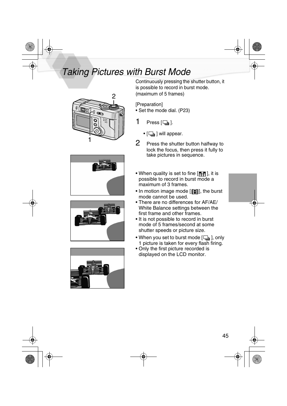 Taking pictures with burst mode, P45) | Panasonic DMC-LC20PP User Manual | Page 45 / 84