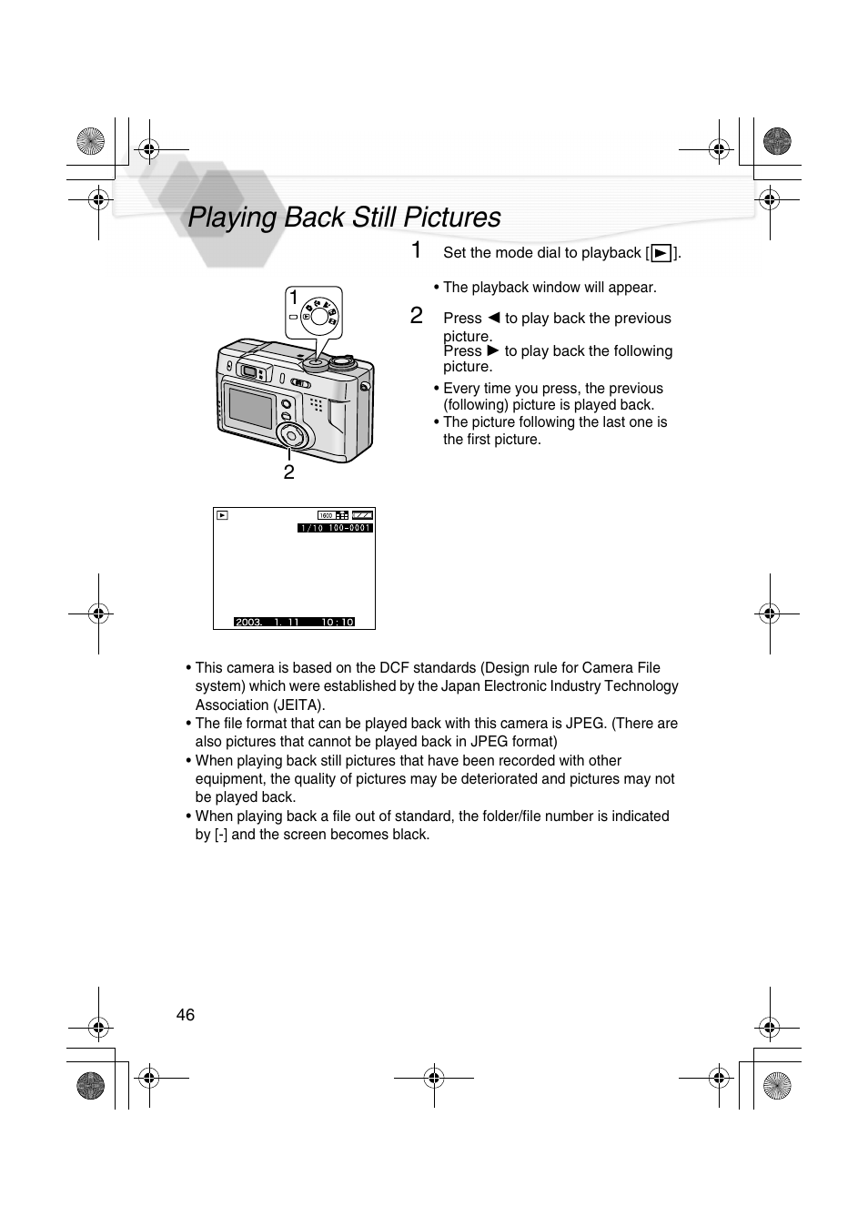 Playback, Playing back still pictures, P46) | Panasonic DMC-LC20PP User Manual | Page 46 / 84