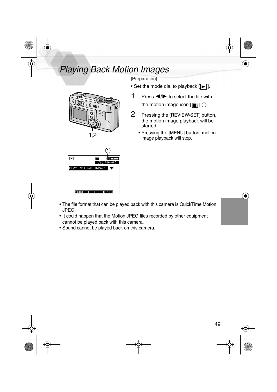 Playing back motion images | Panasonic DMC-LC20PP User Manual | Page 49 / 84