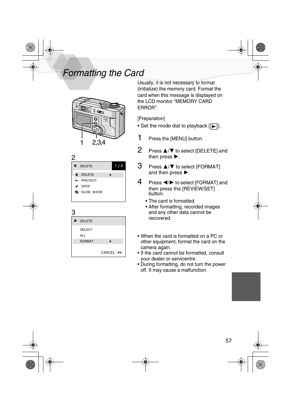 Formatting the card | Panasonic DMC-LC20PP User Manual | Page 57 / 84