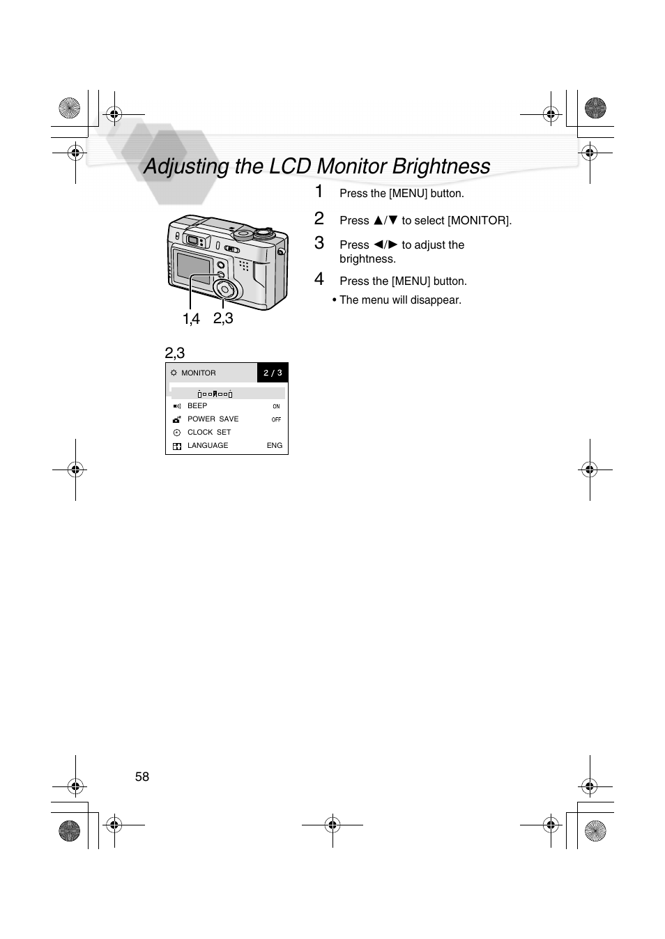 Adjusting the lcd monitor brightness | Panasonic DMC-LC20PP User Manual | Page 58 / 84