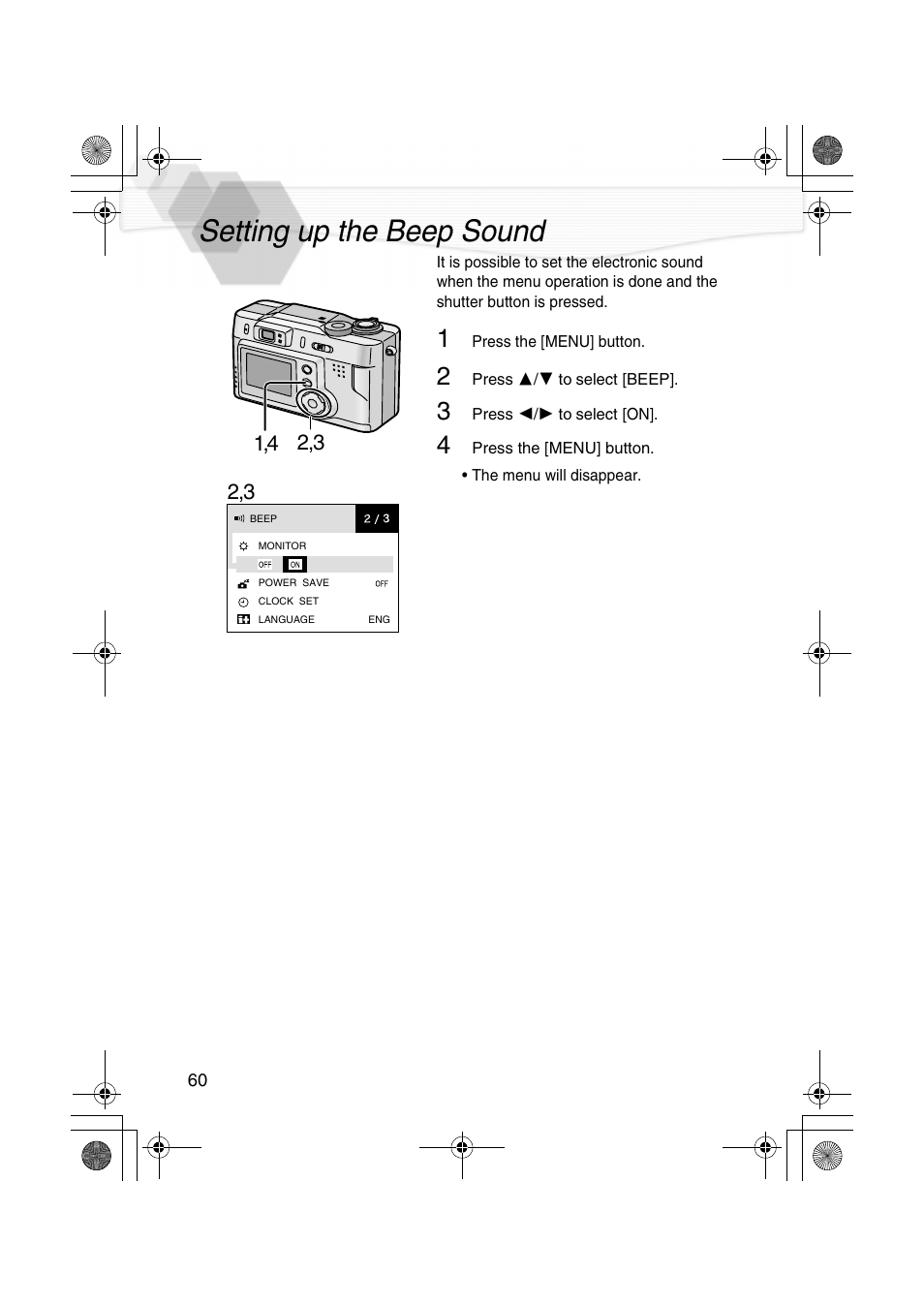 Setting up the beep sound | Panasonic DMC-LC20PP User Manual | Page 60 / 84